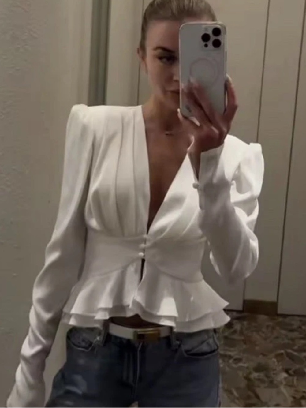plunging neckline White blouse, Size M